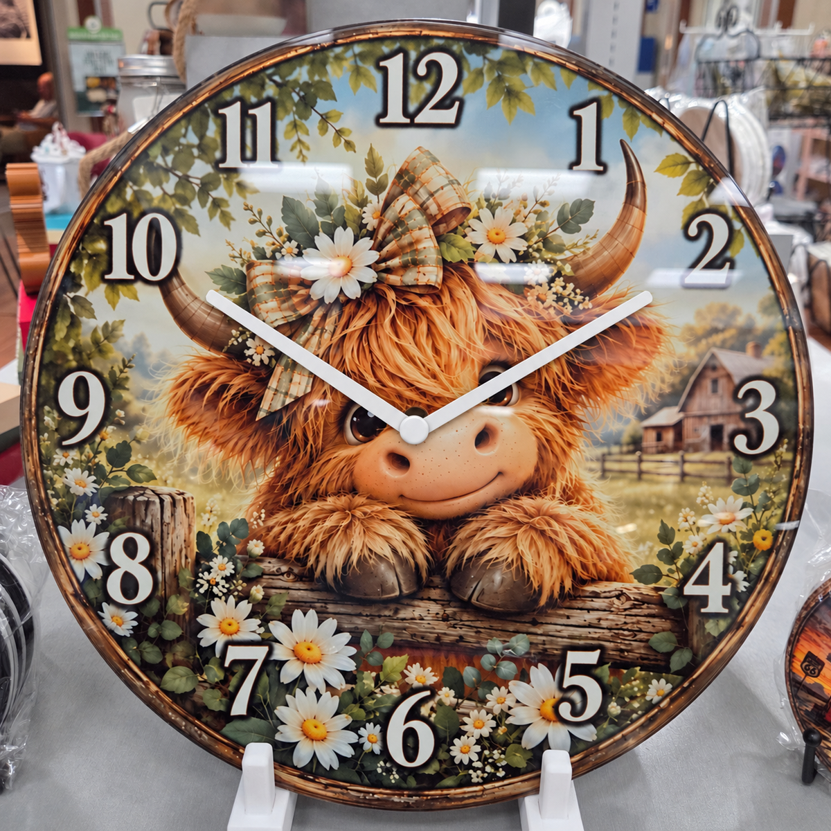Floral Highland Cow Farmhouse Wall Clock – 12″ Glass