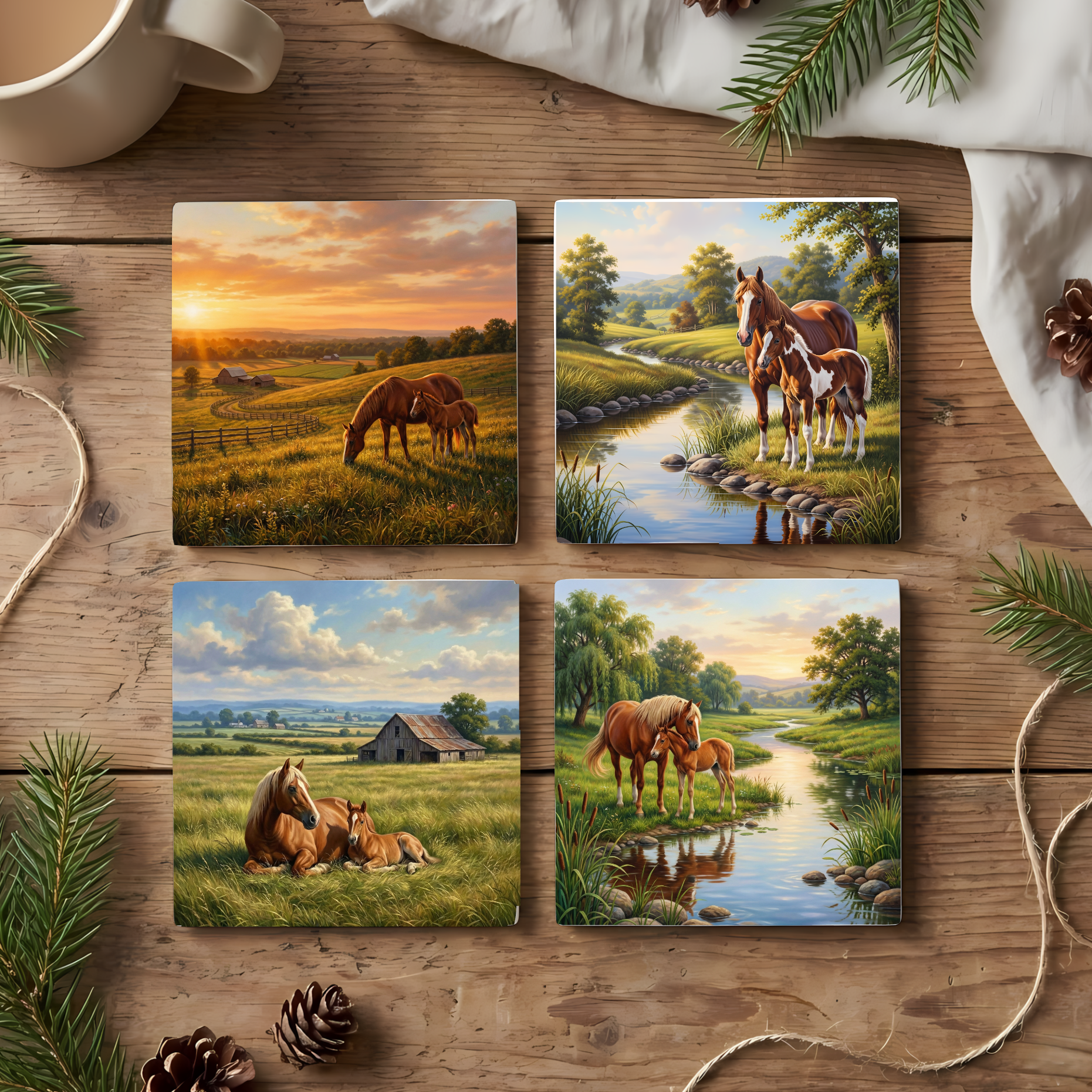 Mare & Foal Countryside – Fine Art Ceramic Coasters (Set of 4)