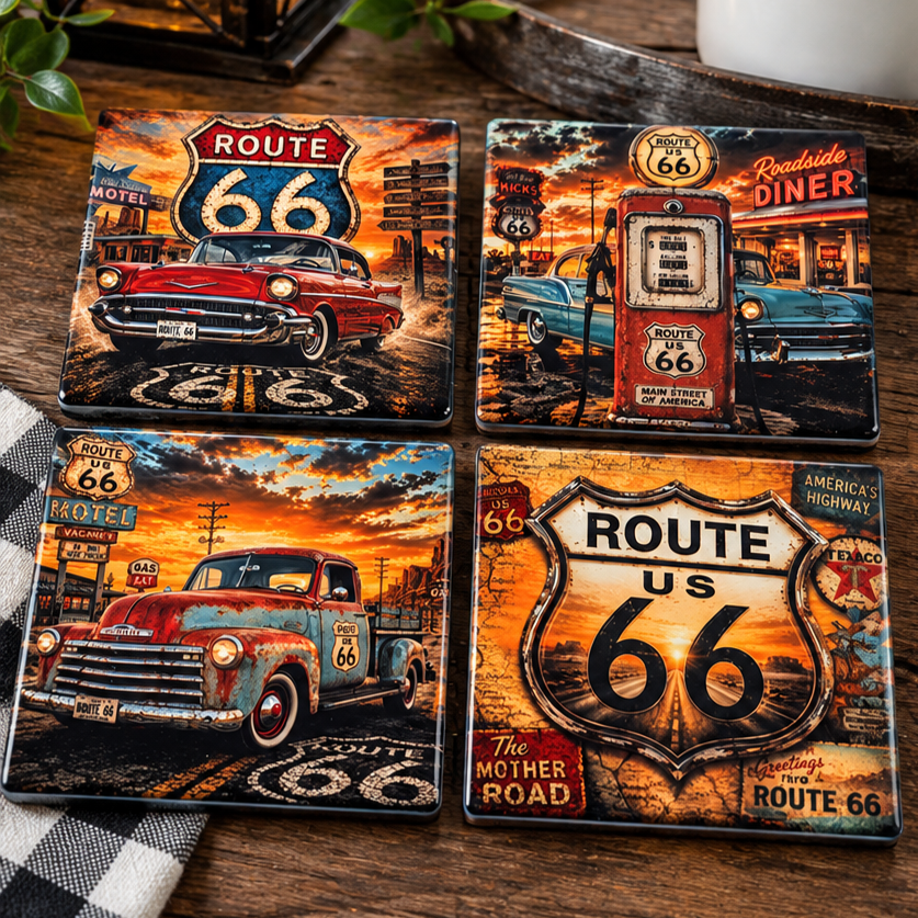Route 66 Vintage Americana Ceramic Coaster Set – Set of 4