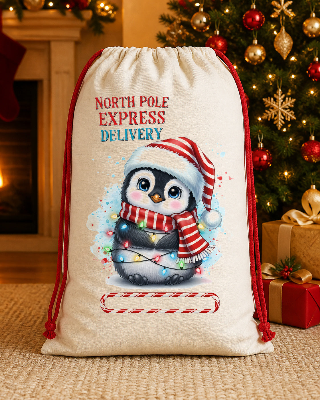 North Pole Express Penguin Personalized Santa Sack canvas gift sack