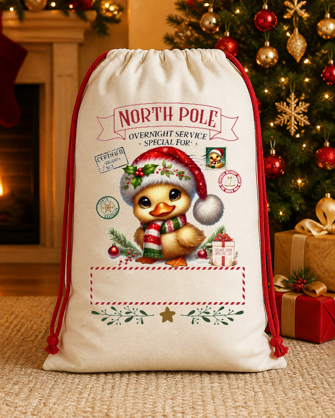 North Pole Christmas Duck Personalized Santa Sack canvas gift sack