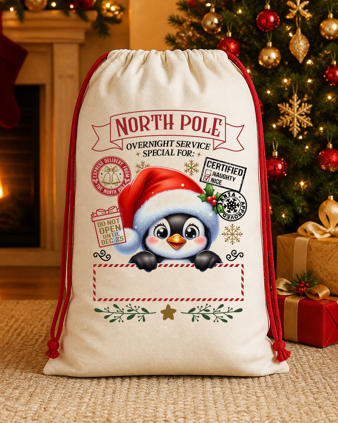 North Pole Penguin Personalized Santa Sack canvas gift sack