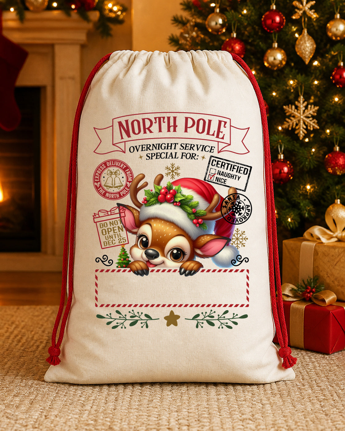 North Pole Reindeer Personalized Santa Sack canvas gift sack