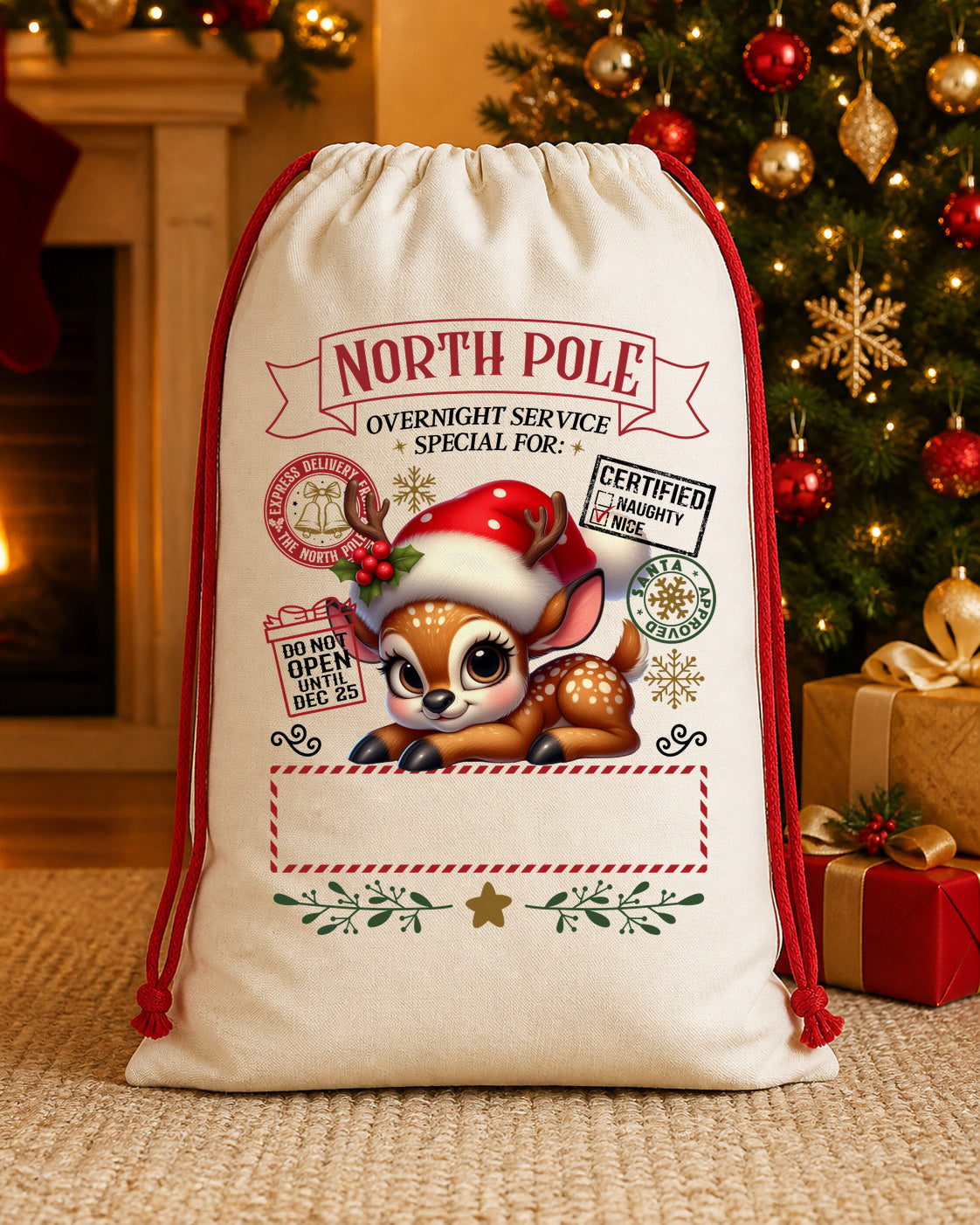 North Pole Woodland Deer Personalized Santa Sack canvas gift sack