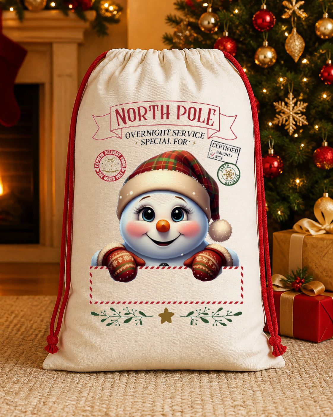 North Pole Snowman Personalized Santa Sack canvas gift sack