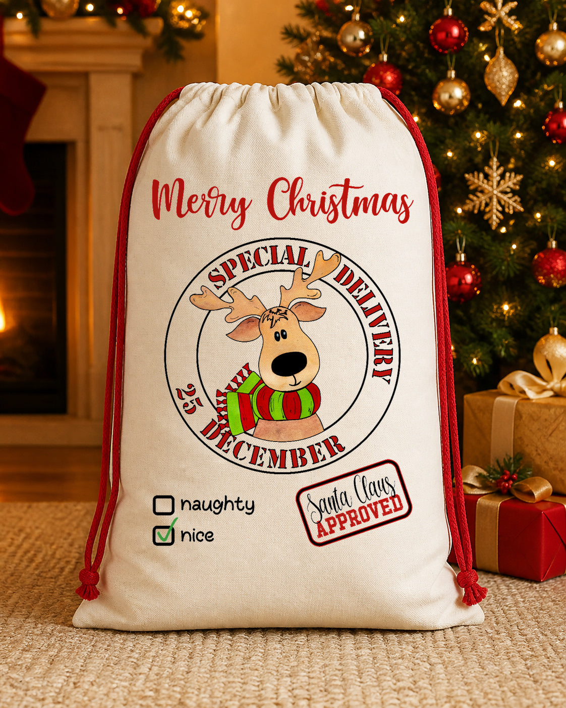 Merry Christmas Reindeer Postmark Personalized Santa Sack canvas gift sack