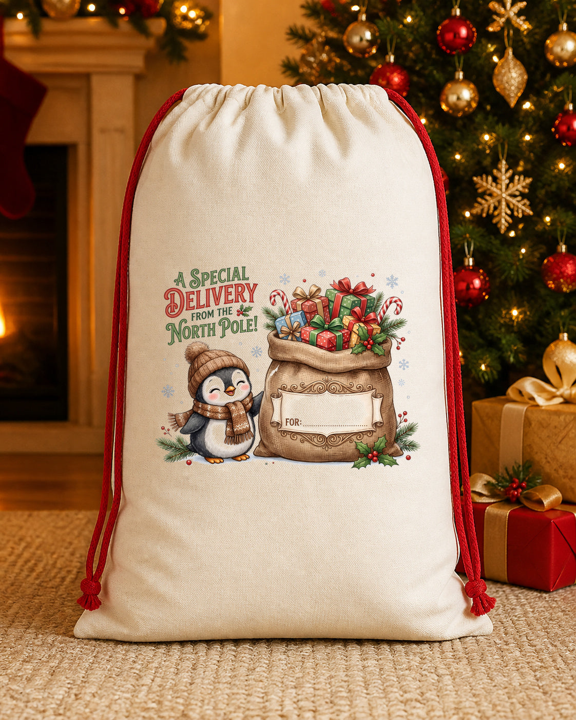 Christmas Puppy and Presents Personalized Santa Sack canvas gift sack