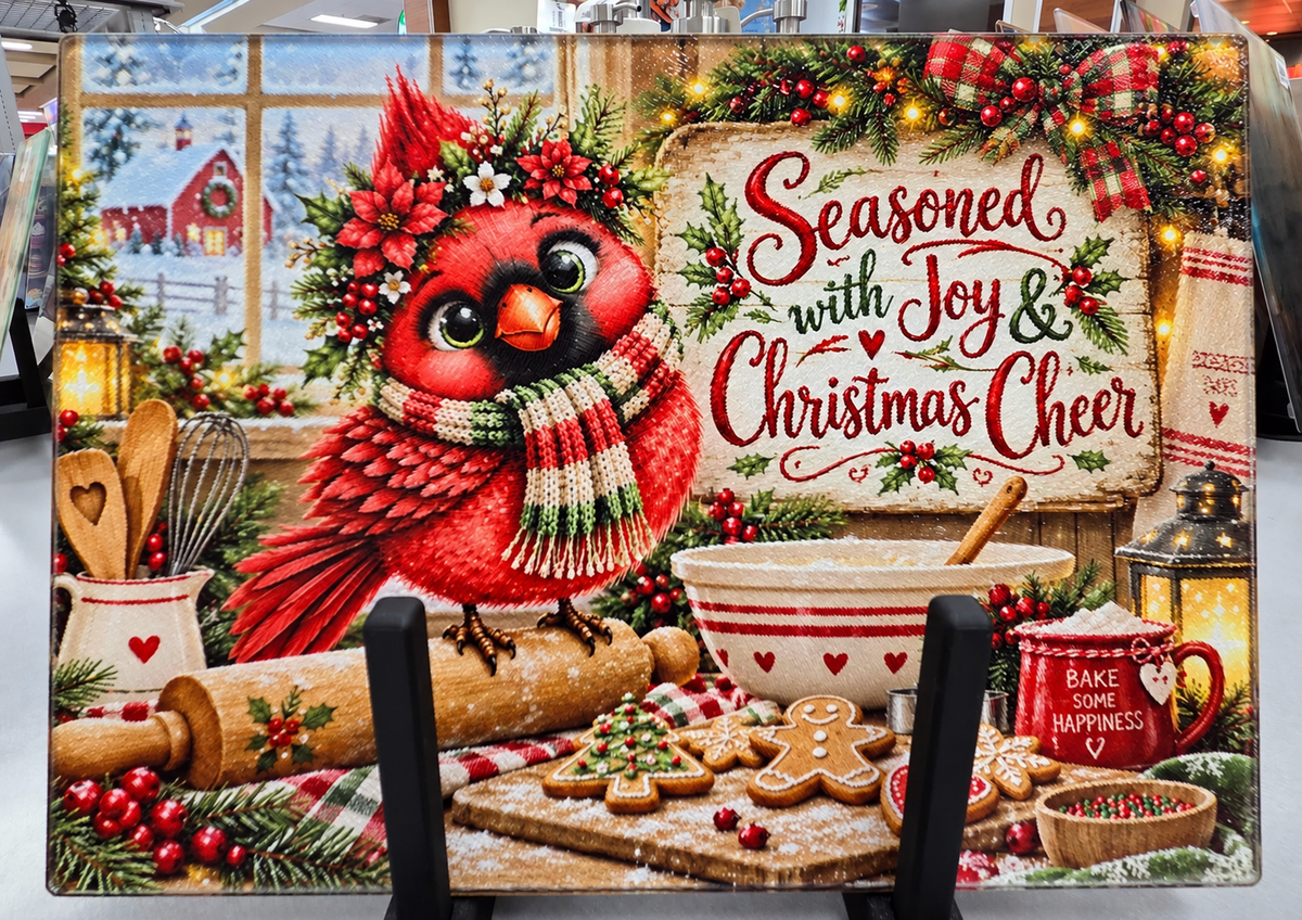 Seasoned With Joy & Christmas Cheer Cardinal Glass Cutting Board
