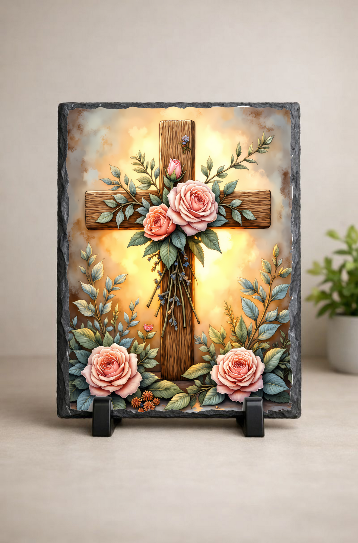 Faith Cross Decorative Slate – Floral Rose Design