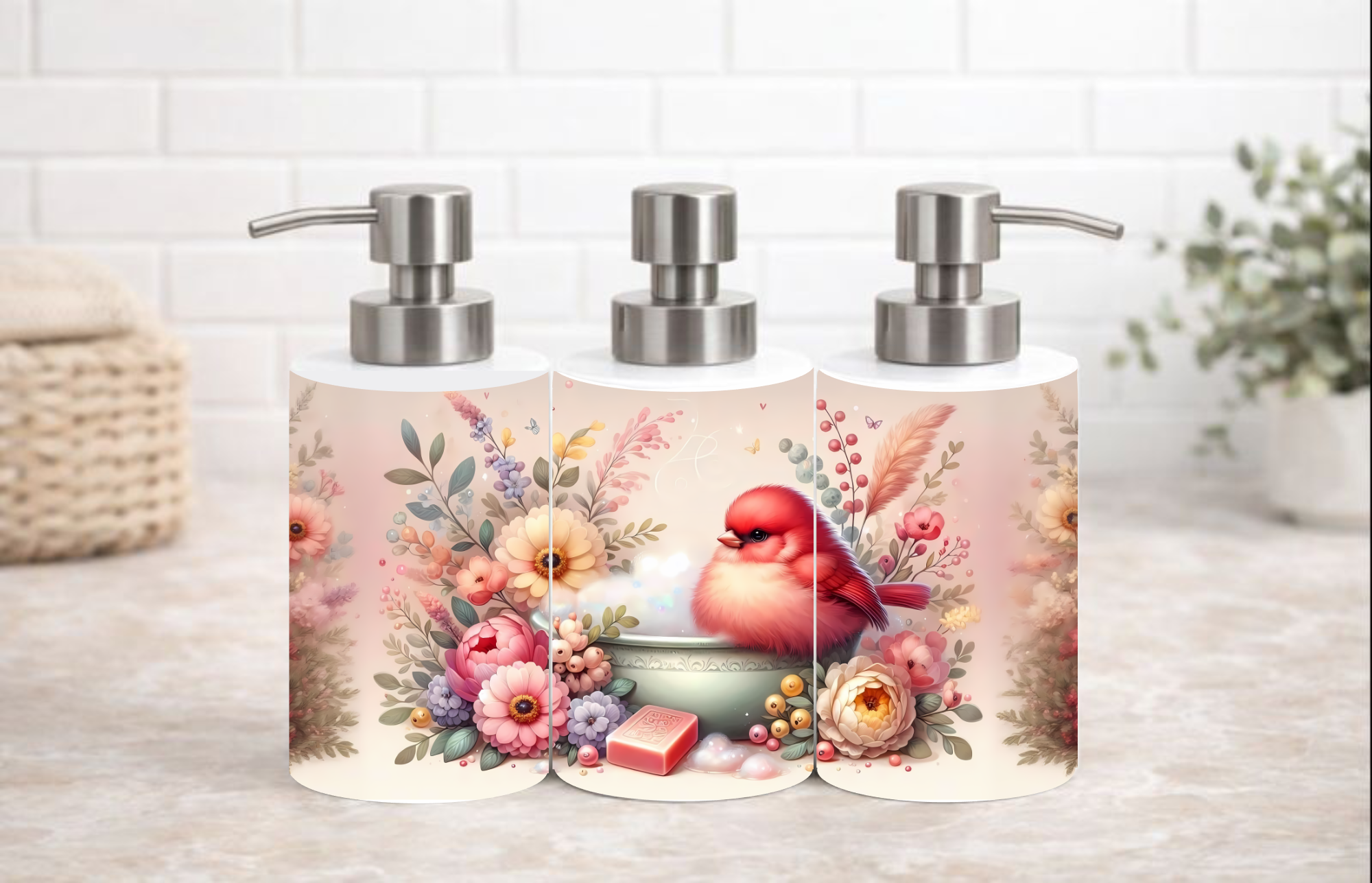 Whimsical Bird & Wildflower Soap & Lotion Dispenser – 18 oz