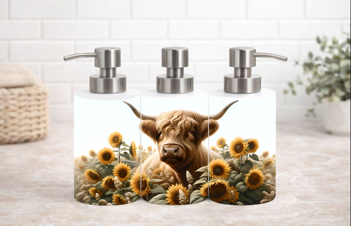 Sunflower Highland Cow Soap & Lotion Dispenser – 18 oz