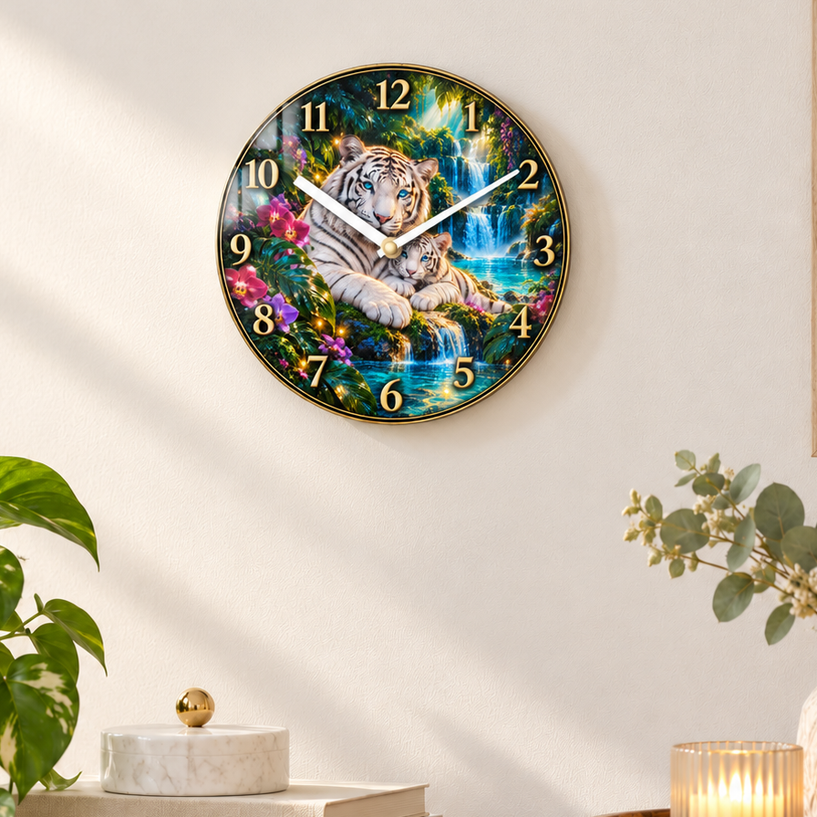 Enchanted Tiger Waterfall – White Tiger & Cub 12-Inch Glass Wall Clock