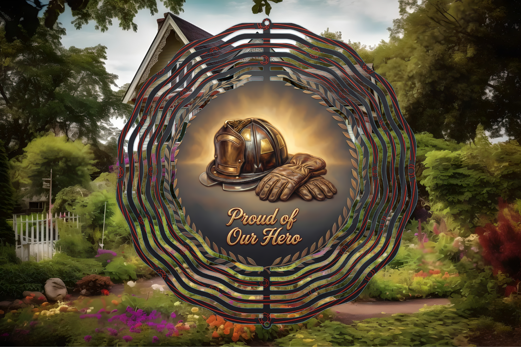 Proud of Our Hero Firefighter Wind Spinner – Firefighter Tribute Garden Decor