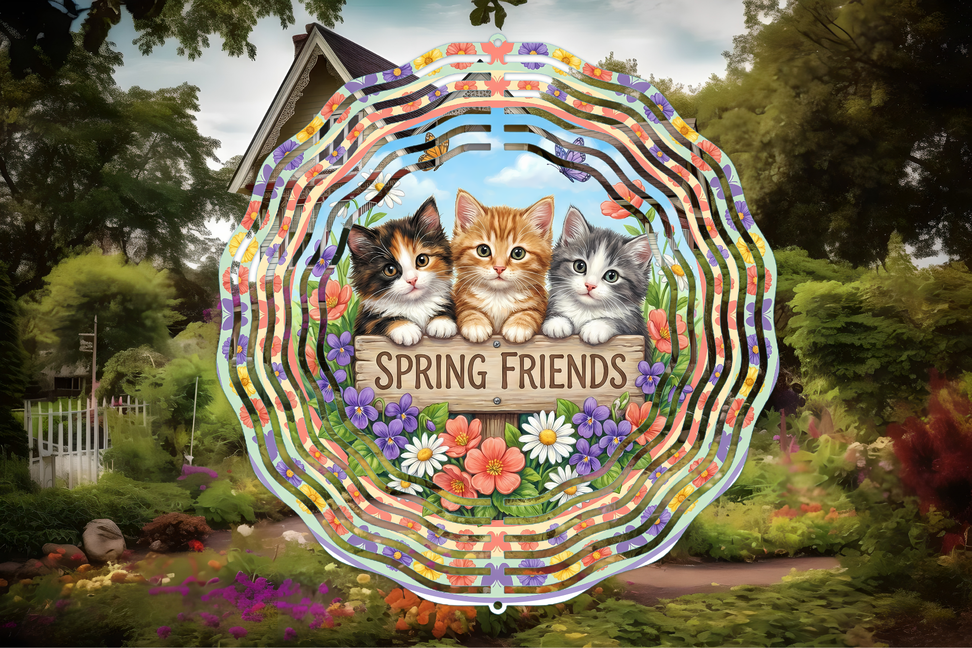 Spring Friends Kitten Wind Spinner – Colorful Cat Garden Decor