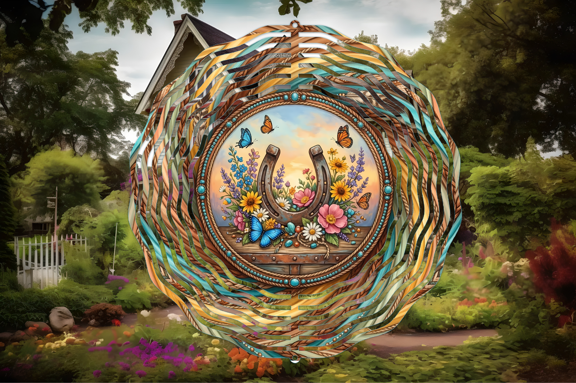 Lucky Horseshoe Wind Spinner – Rustic Western Floral Garden Wind Spinner Outdoor Yard Decor