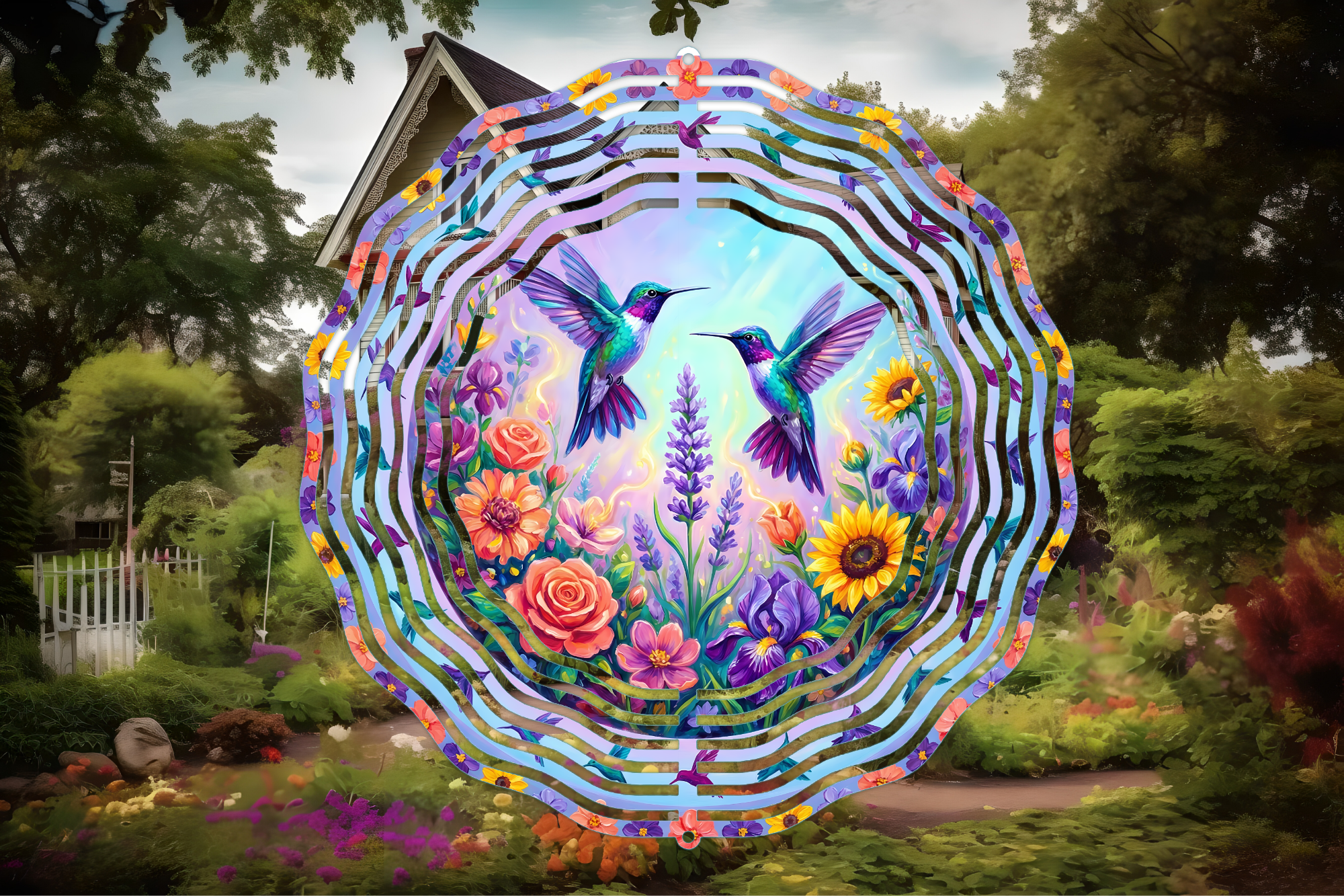 Hummingbird Garden Dance Wind Spinner – Floral Bird Garden Decor