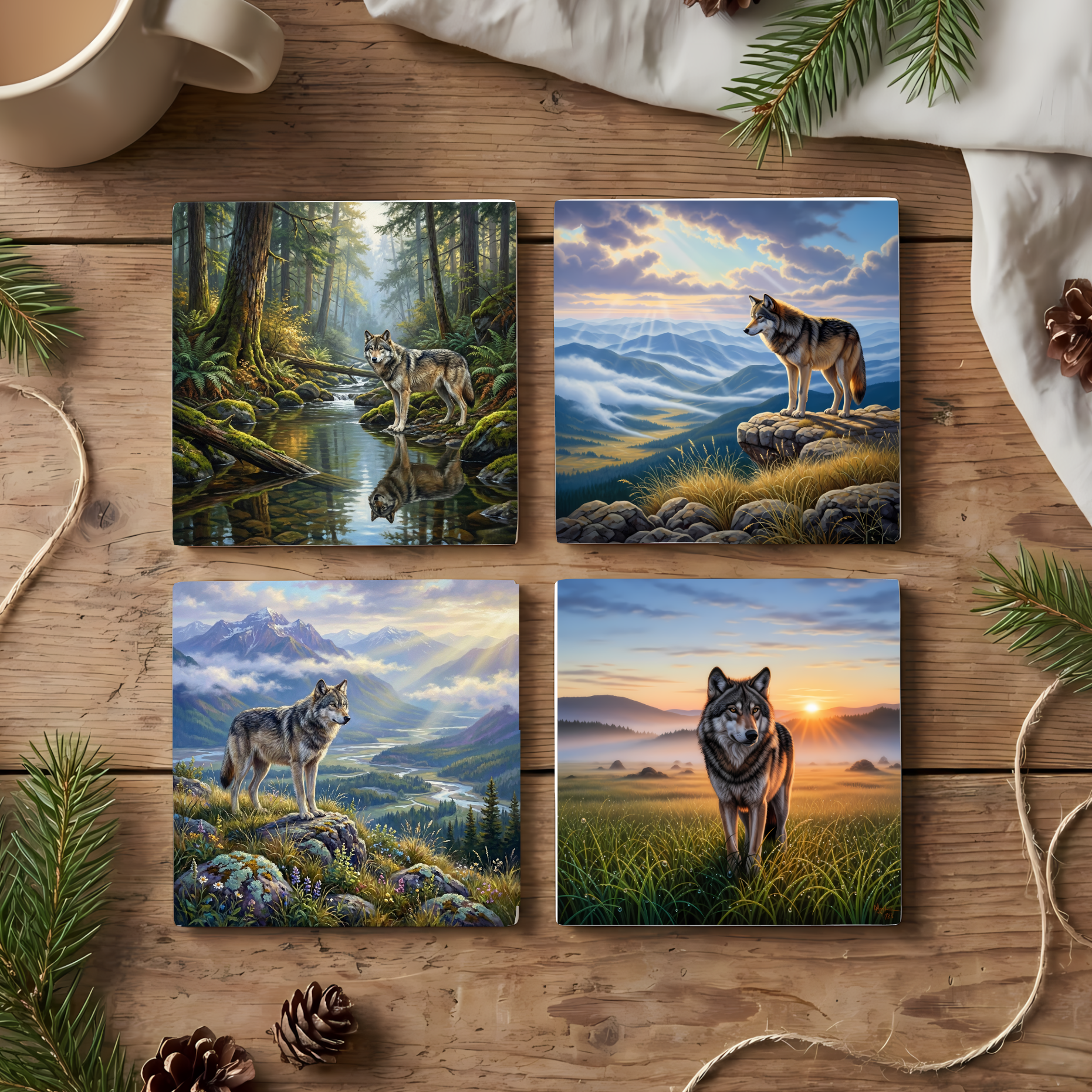 Majestic Wolves Wilderness – Fine Art Ceramic Coasters (Set of 4)