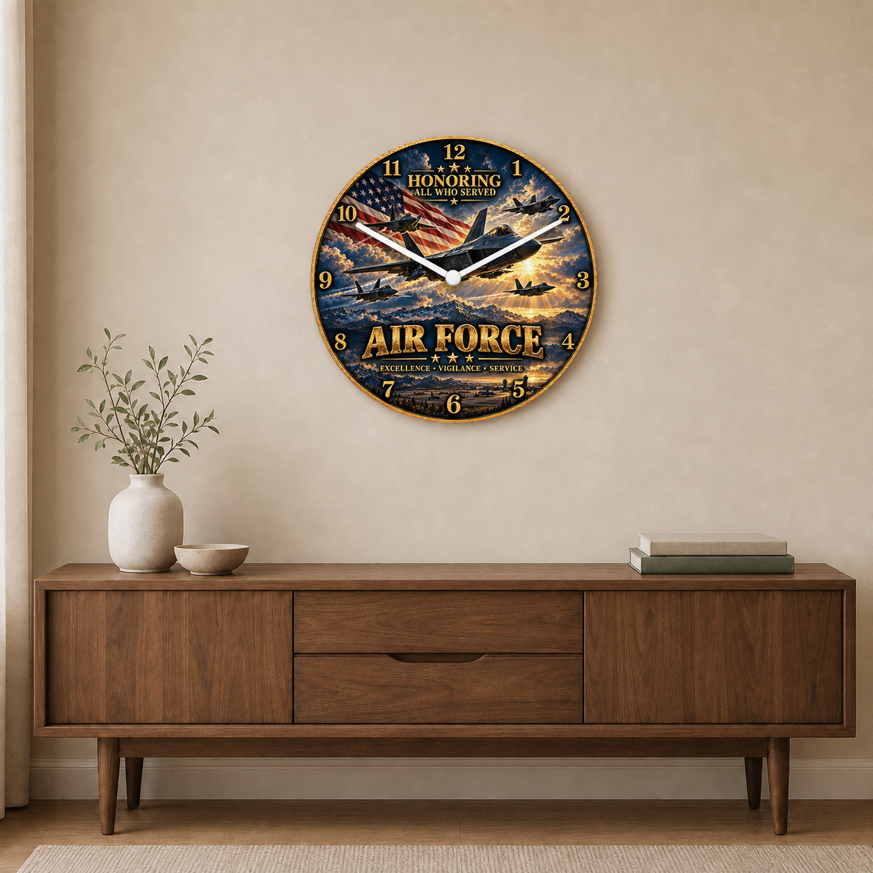 12 inch glass Air Force tribute wall clock with aircraft and Honoring All Who Served message