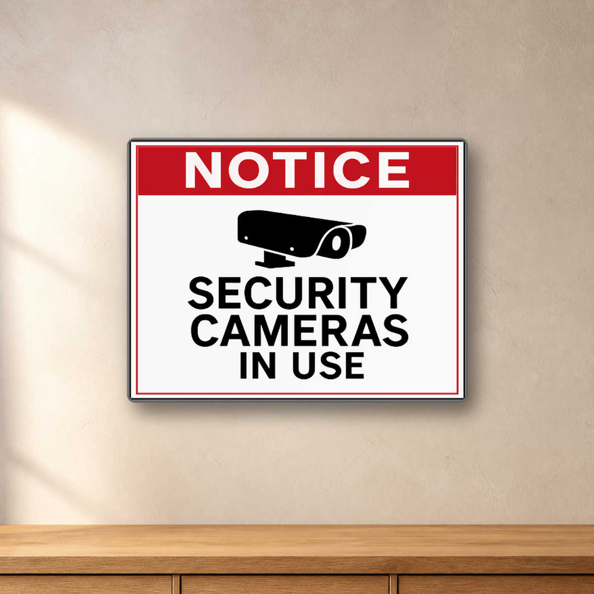 Security Camera in Use Notice aluminum sign in a room mockup