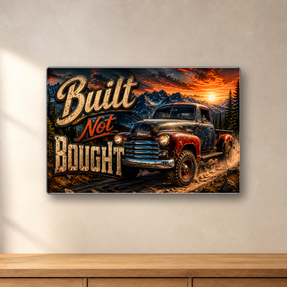 Built Not Bought Vintage Truck aluminum sign in a room mockup