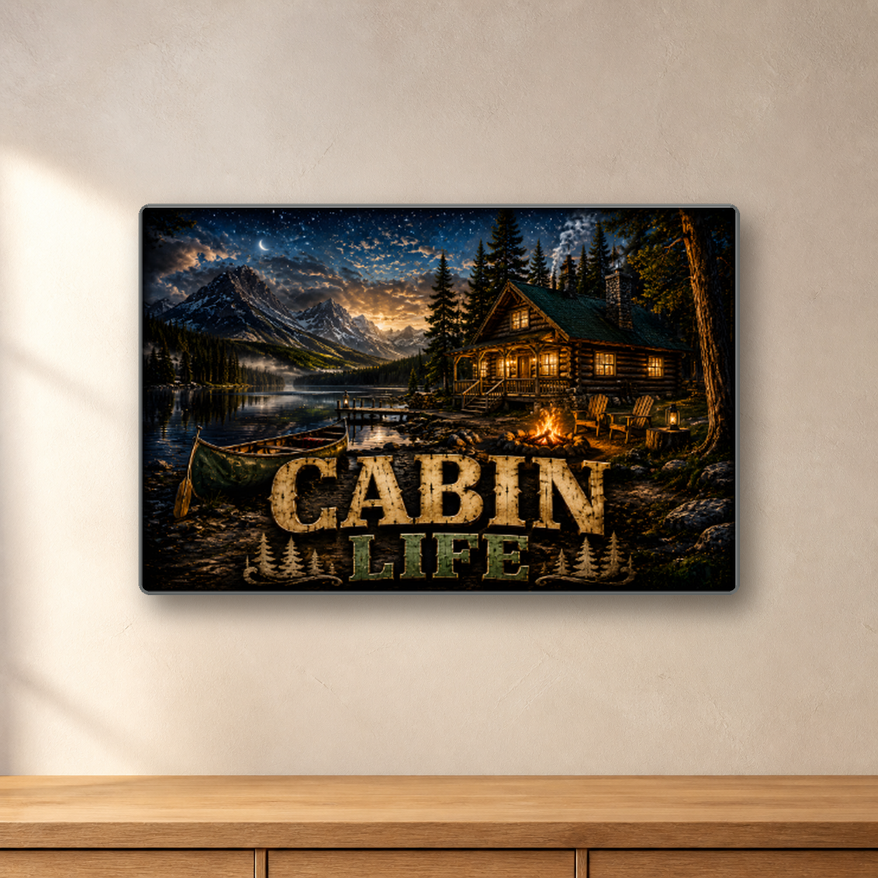 Cabin Life aluminum sign in a room mockup