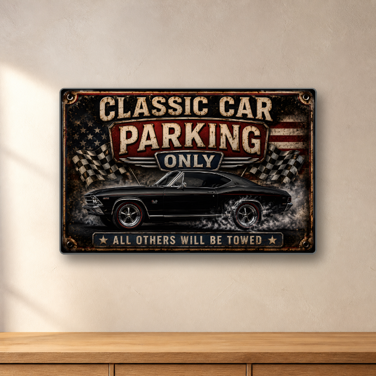 Classic Car Parking Only aluminum sign in a room mockup