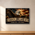 Freedom Lives Here Patriotic Eagle aluminum sign in a room mockup