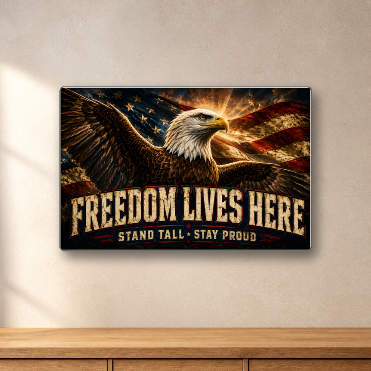Freedom Lives Here Patriotic Eagle aluminum sign in a room mockup