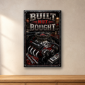 Built Not Bought Engine aluminum sign in a room mockup