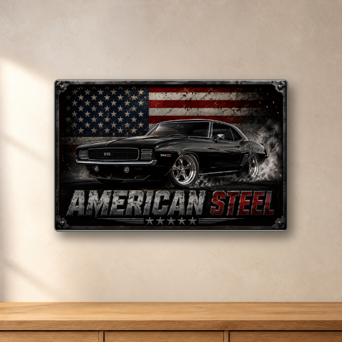 American Steel Muscle Car aluminum sign in a room mockup