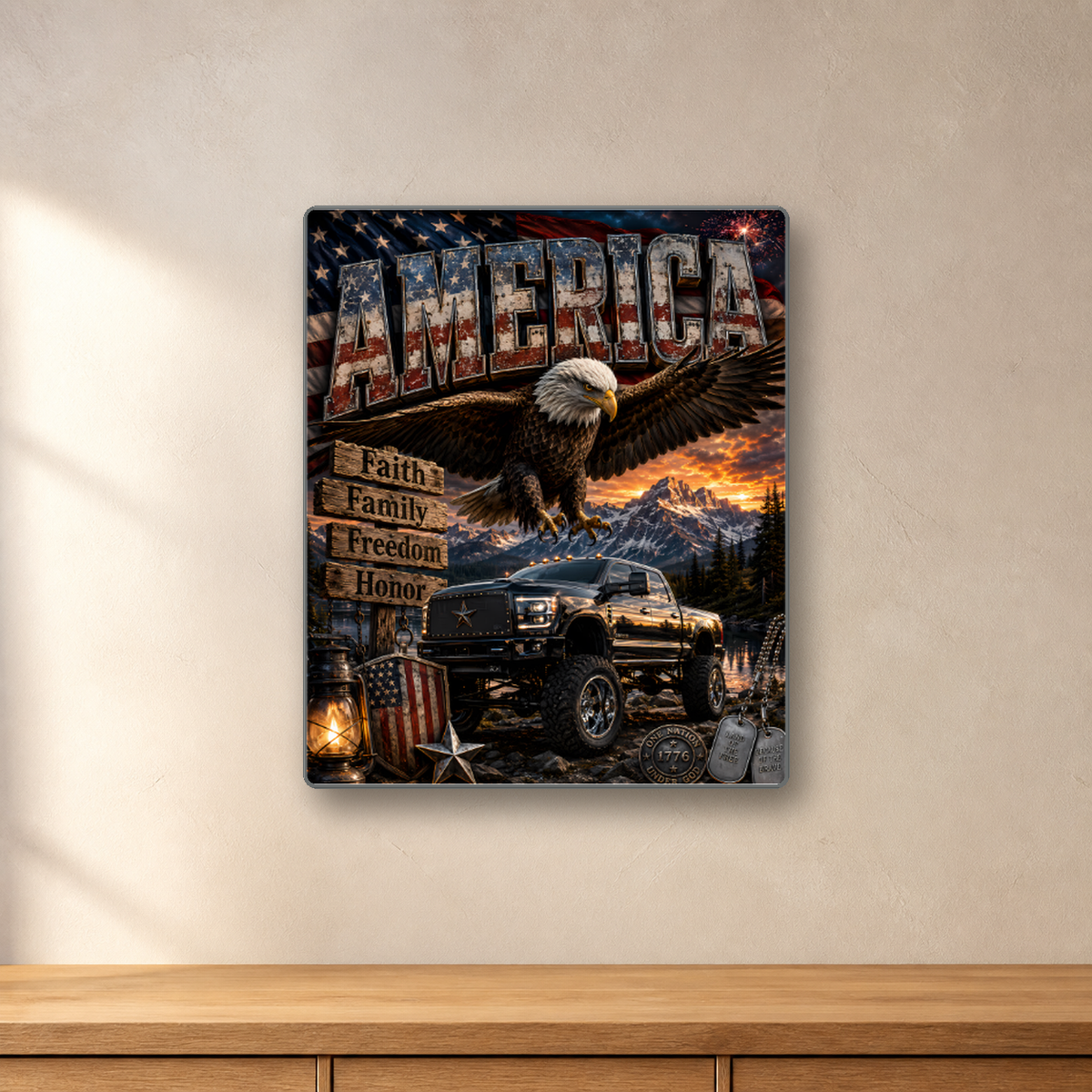 America Freedom Eagle and Truck aluminum sign in a room mockup