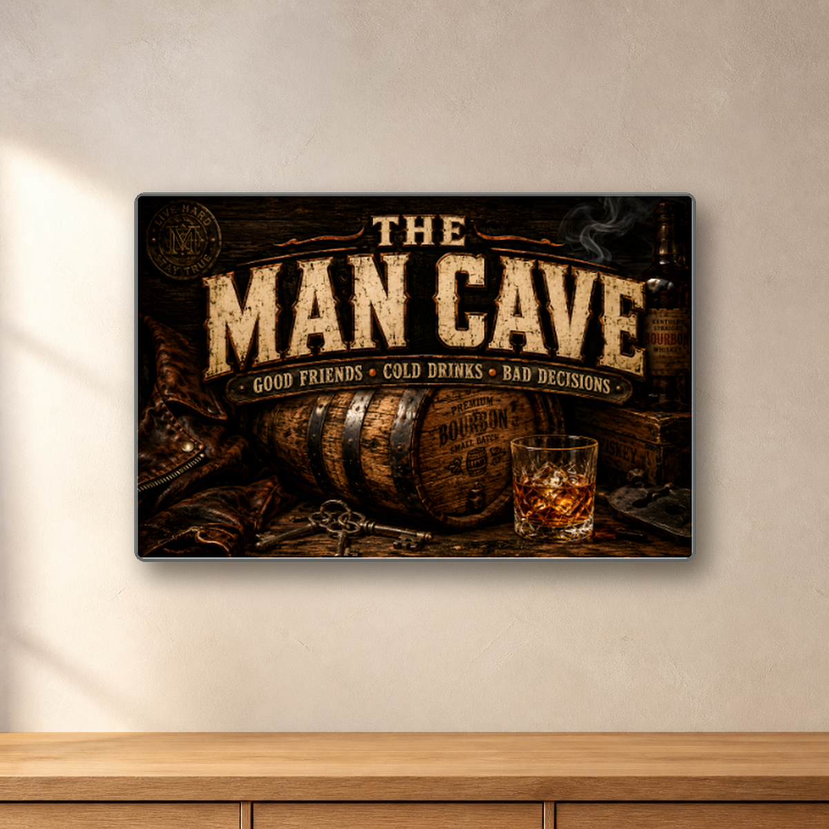 Rustic Man Cave Barrel Sign aluminum sign in a room mockup