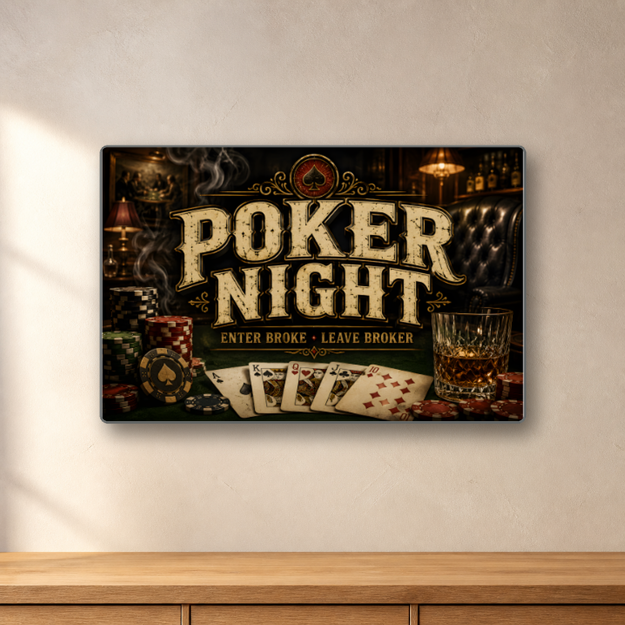 Poker Night aluminum sign in a room mockup