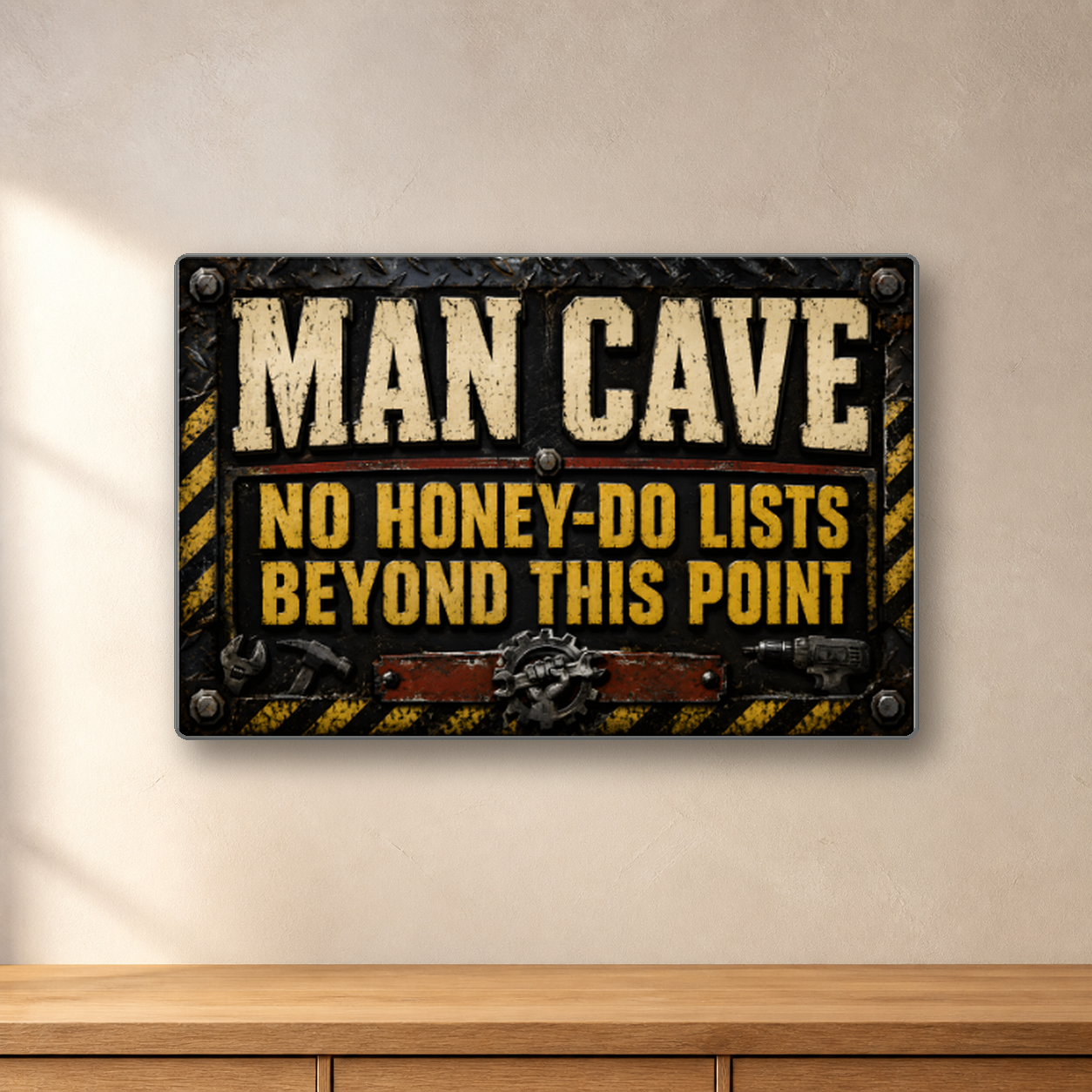 Man Cave No Honey-Do Lists aluminum sign in a room mockup