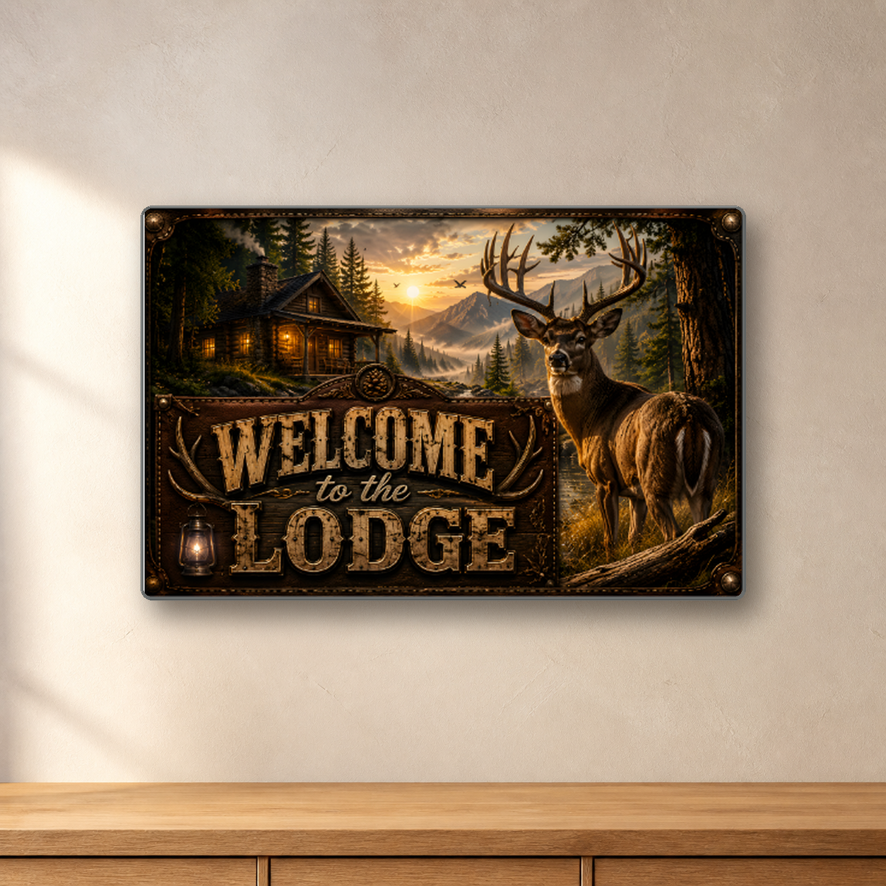 Welcome to the Lodge aluminum sign in a room mockup