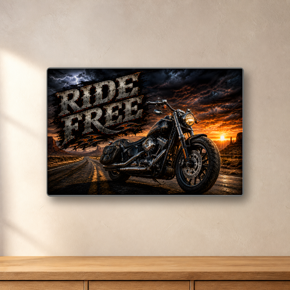 Ride Free Motorcycle aluminum sign in a room mockup