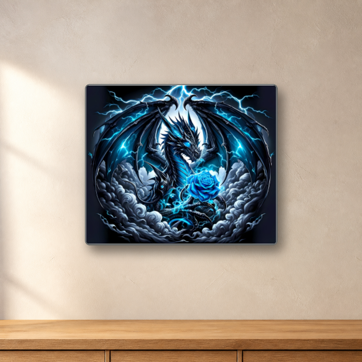 Blue Dragon aluminum sign in a room mockup