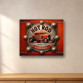 Retro Hot Rod Garage aluminum sign in a room mockup