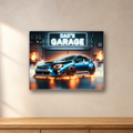 Dad’s Garage Blue Car aluminum sign in a room mockup