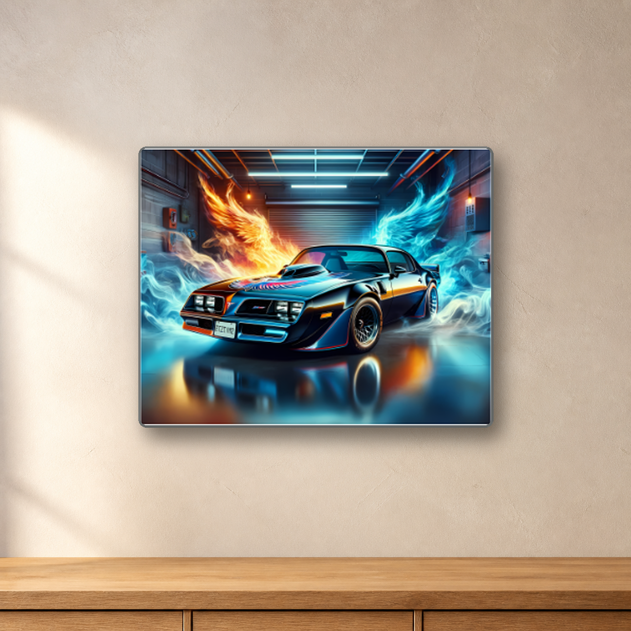 Fire and Ice Sports Car aluminum sign in a room mockup