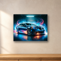 Neon Blue Sports Car aluminum sign in a room mockup