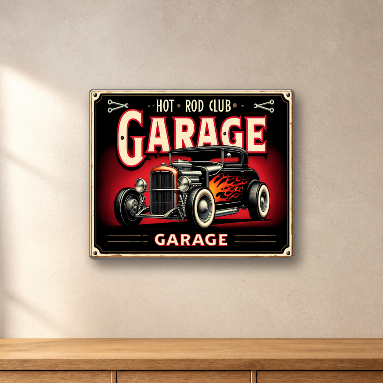 Hot Rod Motor Club Garage aluminum sign in a room mockup