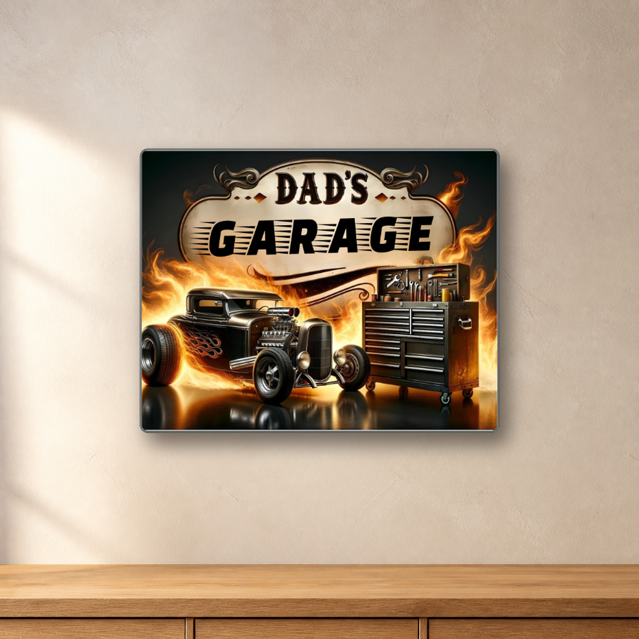 Dad’s Garage Classic Truck aluminum sign in a room mockup