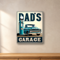 Dad’s Garage Gas Pump aluminum sign in a room mockup