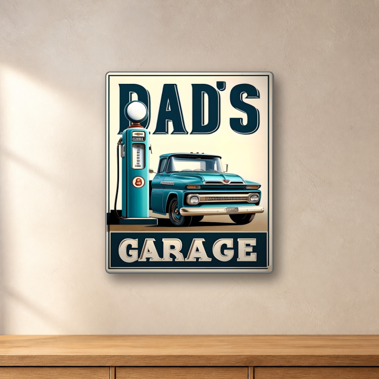Dad’s Garage Gas Pump aluminum sign in a room mockup