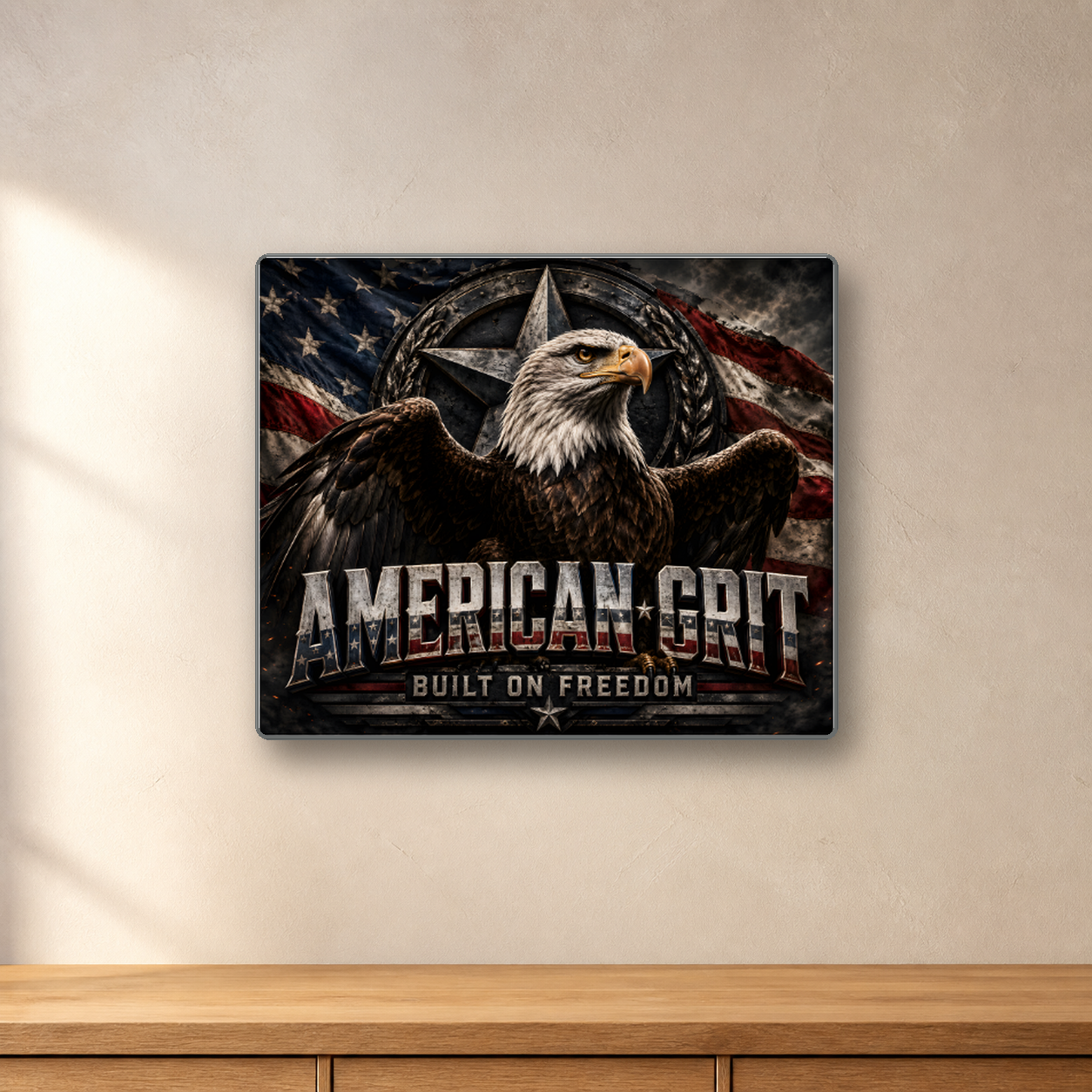 American Grit aluminum sign in a room mockup