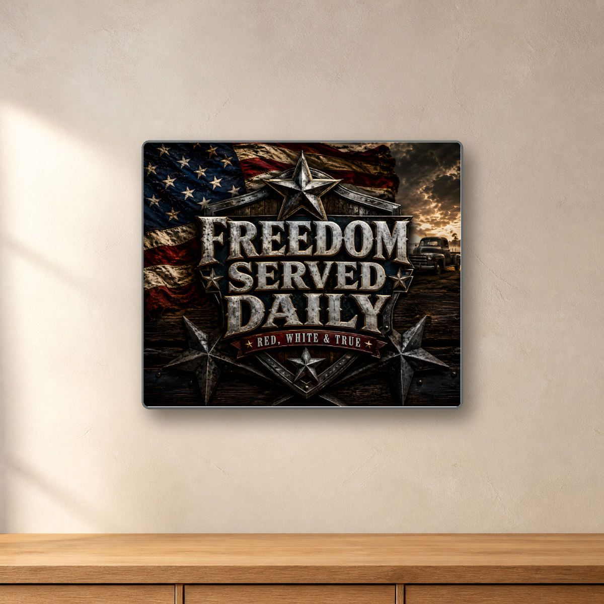 Freedom Served Daily aluminum sign in a room mockup