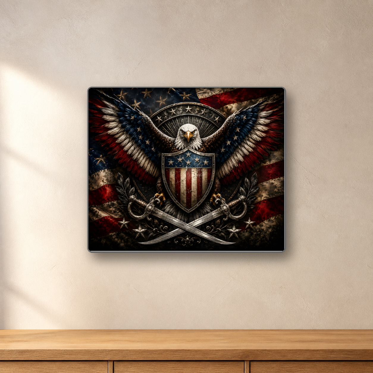 American Eagle Crest aluminum sign in a room mockup
