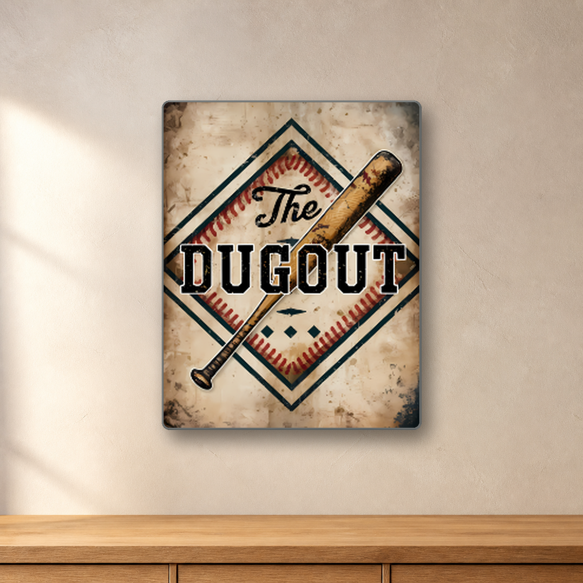 The Dugout Baseball aluminum sign in a room mockup