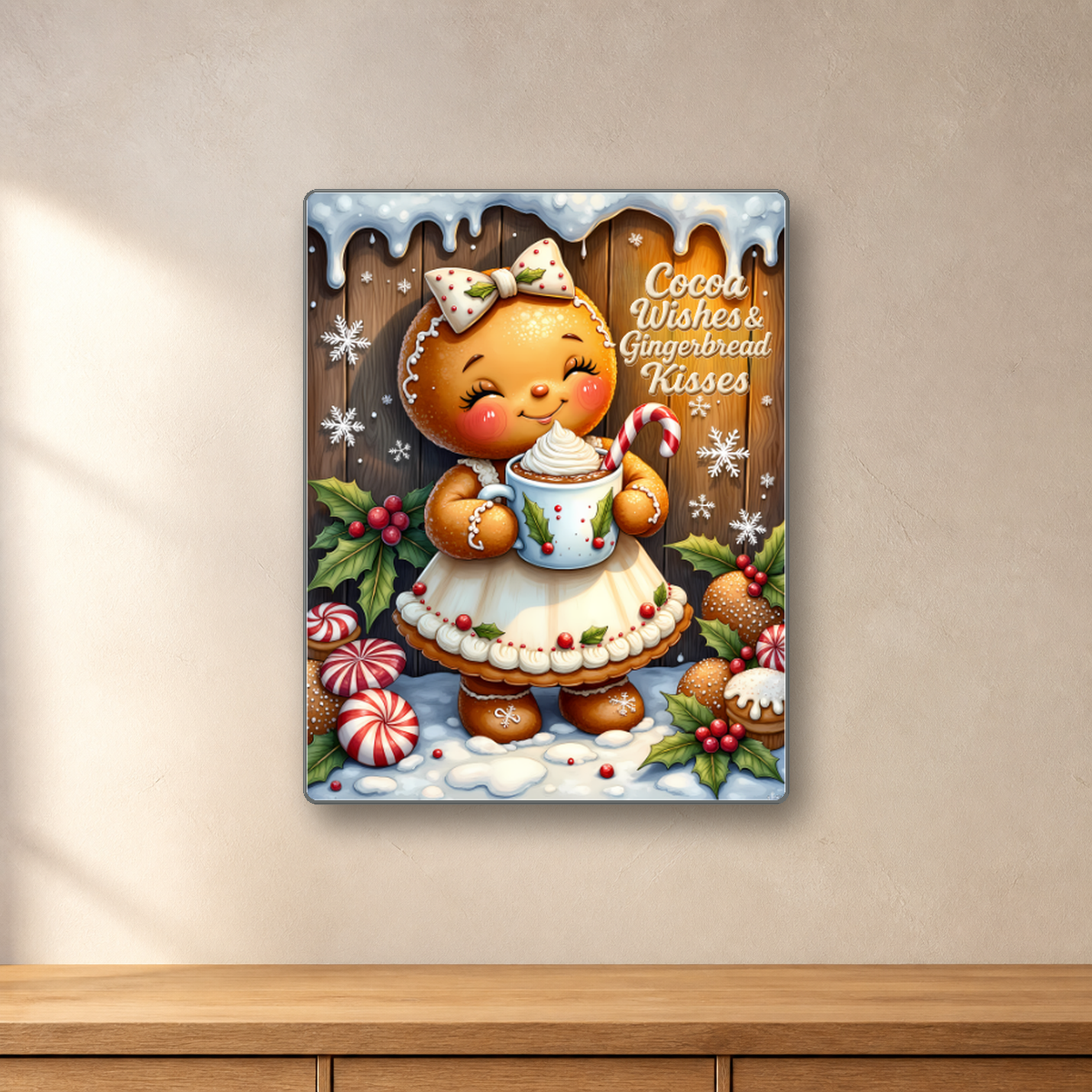 Cocoa Wishes and Gingerbread Kisses aluminum sign in a room mockup